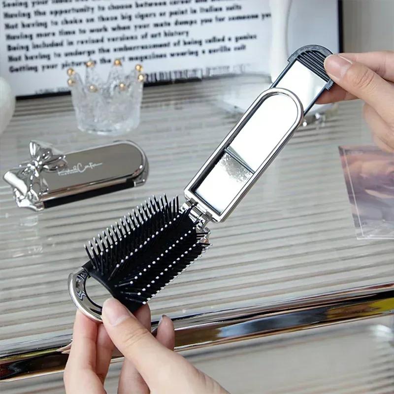 Sliver Bow Folding Air Cushion Comb with Mirror  Diamond Bling Rhinestone Cosmetic Travel Pocket Small Hair Brush Makeup Tools