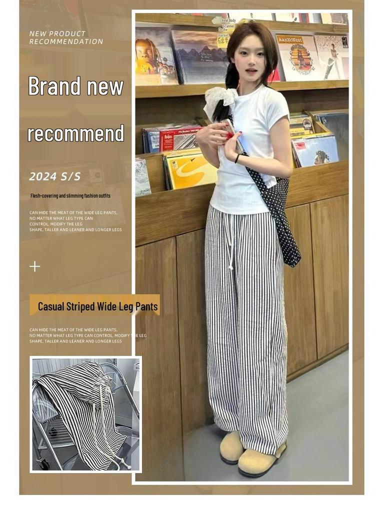 Petite High-Waisted Black & White Striped Wide-Leg Drawstring Pants