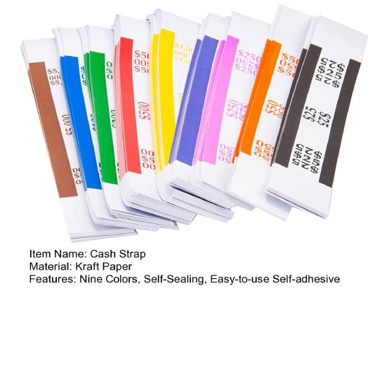 450Pcs Money Band Bundle 9 Color Self-Sealing Cash Straps Denomination Sorting Ideal for Banks Retail Hospitality