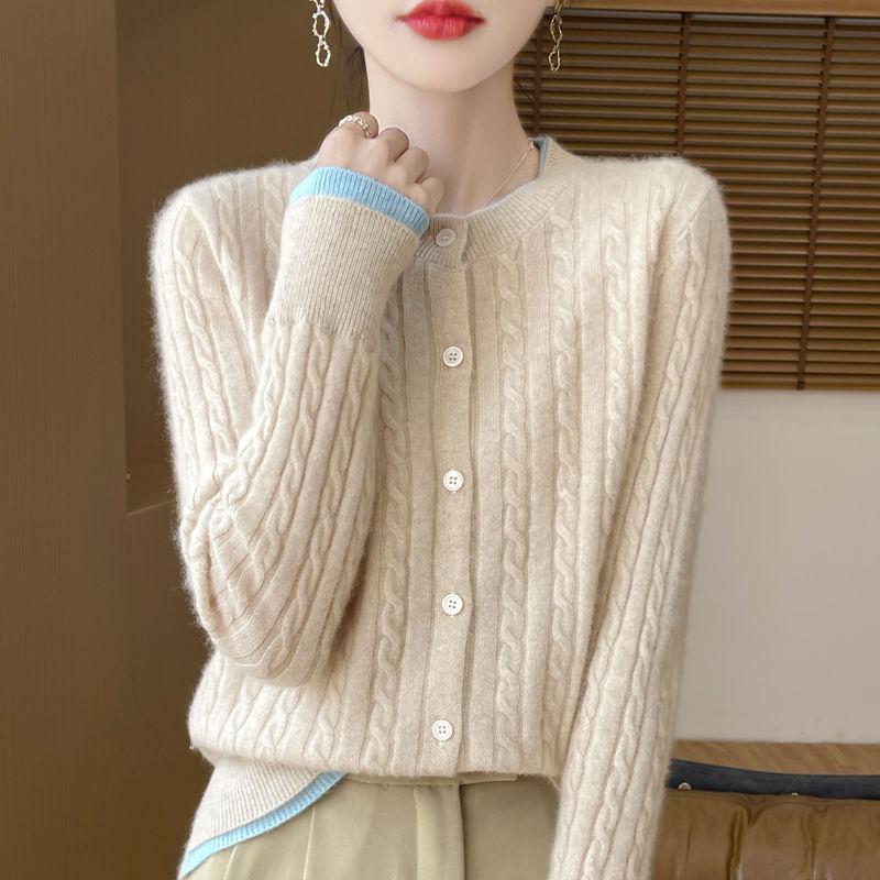 Autumn and Winter Women's Round Neck Color Matching Fake Two Cardigan Loose Twist Cashmere Sweater Knit Top
