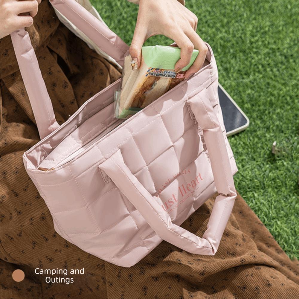 Fashion Large Capacity Lunch Box Storage Bag with Pocket Insulated Quilted Food Handbag Thermal Insulation Bag
