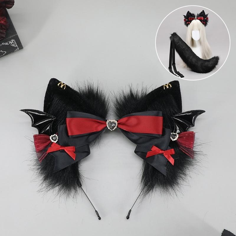 Cats Tail Lovely Cats Ears Hairband Plush Wolf Tail Halloween Party Costume Accessories for Adult Woman Man