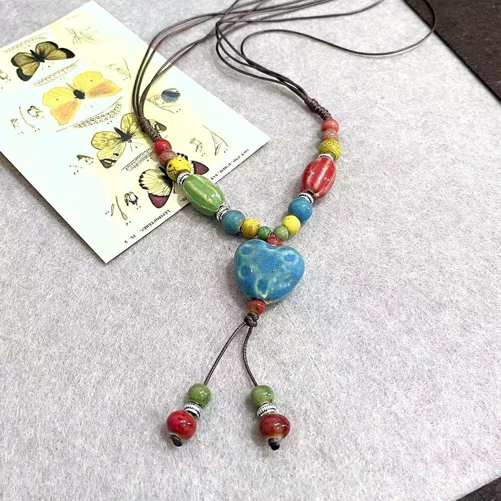 JMXD-Creative Retro Ethnic Style Hand-woven Long Sweater Chain Literary and Versatile Ceramic Love Necklace Accessories