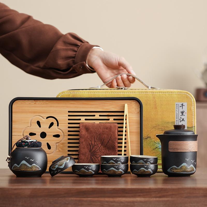 Guochao suit business coarse pottery Qingshan flying birds Lingxue pot travel tea set accompanying ceremony enterprise
