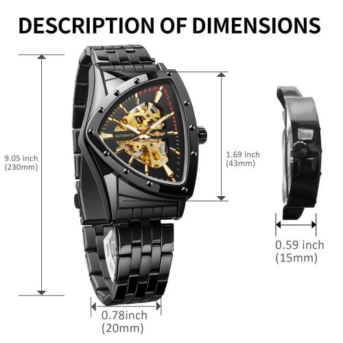 FORSINING Men's Skeleton Automatic Mechanical Watch with Triangular Dial and Luminous Self-Winding Movement, Stainless Steel Bracelet or Soft Silicone