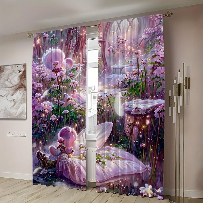 2 st Rosa Blomtryckta Gardiner Kristallvindspel För Vardagsrum Arbetsrum Sovrum Matsal Bakgrundsgardin Heminredning