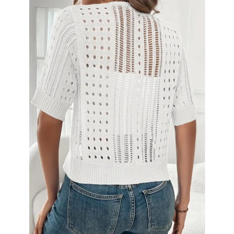 Dame Beige Heklet Strikket Cardigan Avslappet V-hals Kort Erme Knappelukking Åpen Strikket Genser