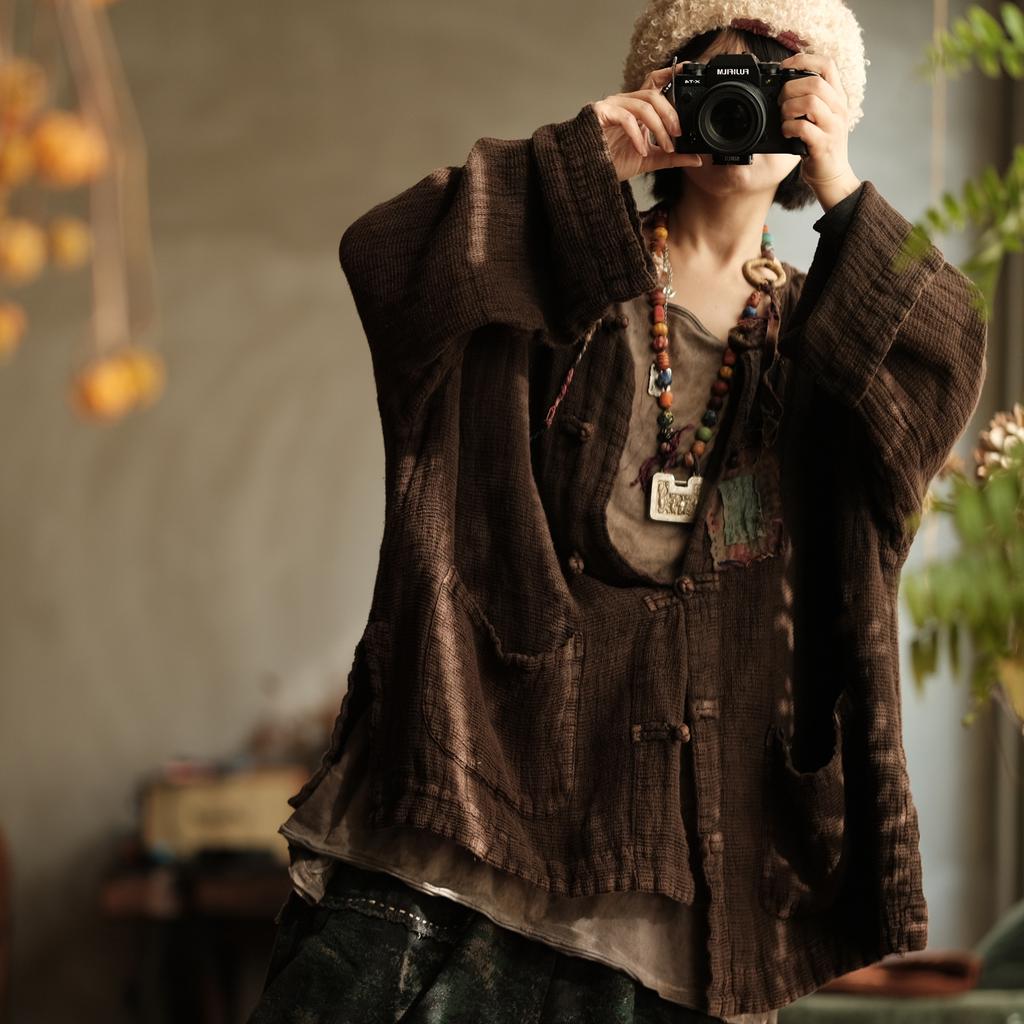 Johnature Women Vintage Shirts Tops Stand Long Sleeve Patchwork High Quality Thick Button Shirts