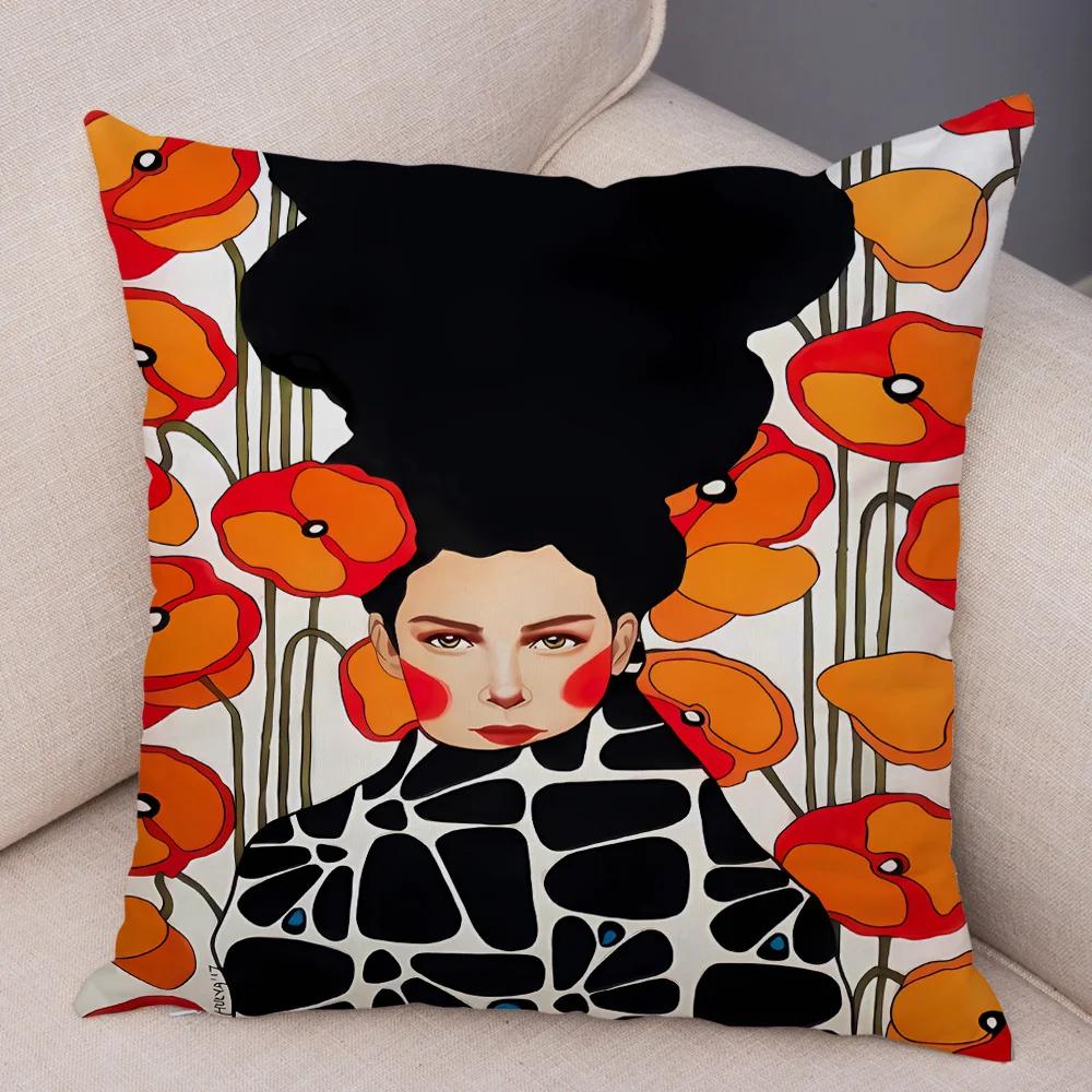 Fashion Abstract Girl Pillowcase Soft Plush Decor Cartoon Flower Lady Cushion Cover for Sofa Home Throw Pillow Case 45x45cm
