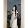 French Square Collar New First Love Pure Collar Apricot White Dress Waist Shows Figure Skirt Summer Waist Length