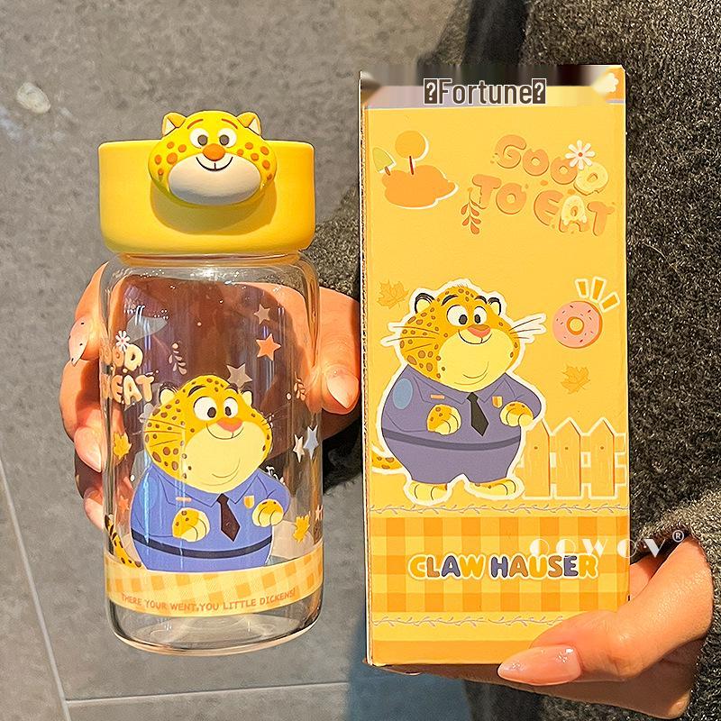 Zootopia Leopard Police Officer Glass Cup - High-Temperature Resistant, Portable School Water Cup for Girls 300ml