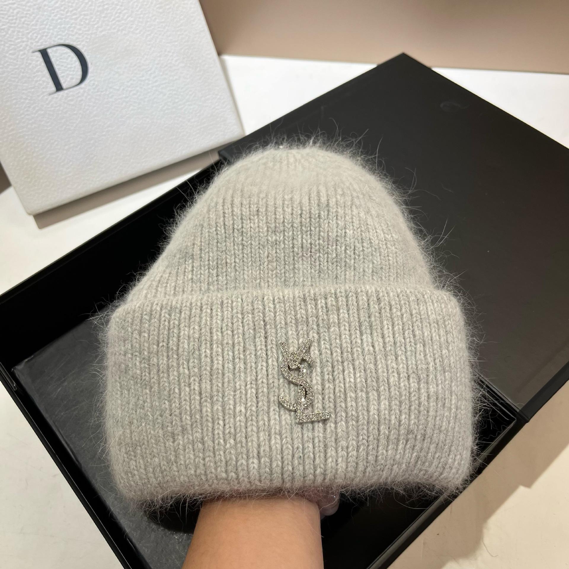 [Rabbit Hair] Winter Nordic Warm Long Rabbit Hair Knitted Hat Simple Enlarged Version Double Folding Ear Hat one size fits all светло-серый