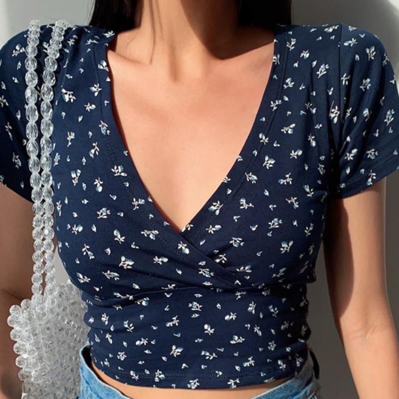 Letní francouzské retro květinové tričko s krátkým rukávem a výstřihem do V Tenké zeštíhlující divoké tričko s vysokým pasem dámské top