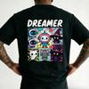 Kawaii Manga Grid Print T-shirt Cute Robot Witch Black White Cat Sakura Dreamer Cartoon Men Loose Oversized Cotton Casual Tees