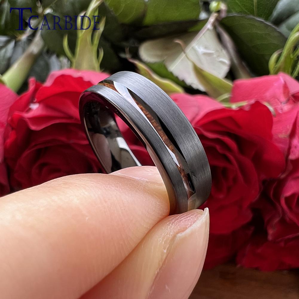 6MM 8MM Black Wedding Band For Men And Women Offset Groove With Real Wood Inlay Trendy Gift Jewelry Comfort Fit