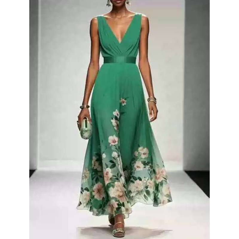 Summer Sexy V Neck Floral Chiffon Dress With Tie Waist For Casual And Party Wear