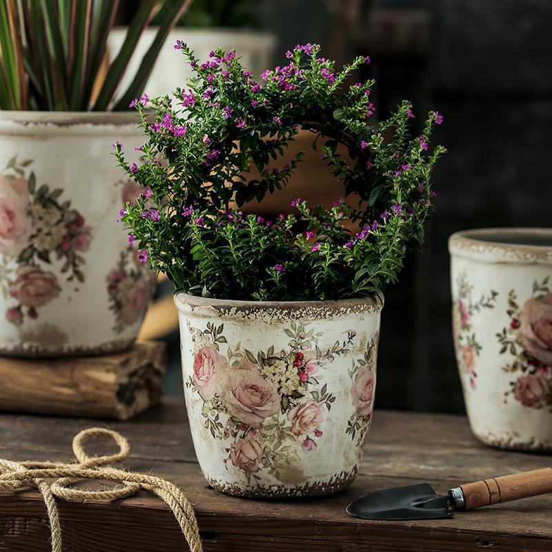 Vase Household Ceramic Retro Creative Succulent Flower Pot Desktop Decoration Nordic Style Art Living Room with Drainage Hole1Pc