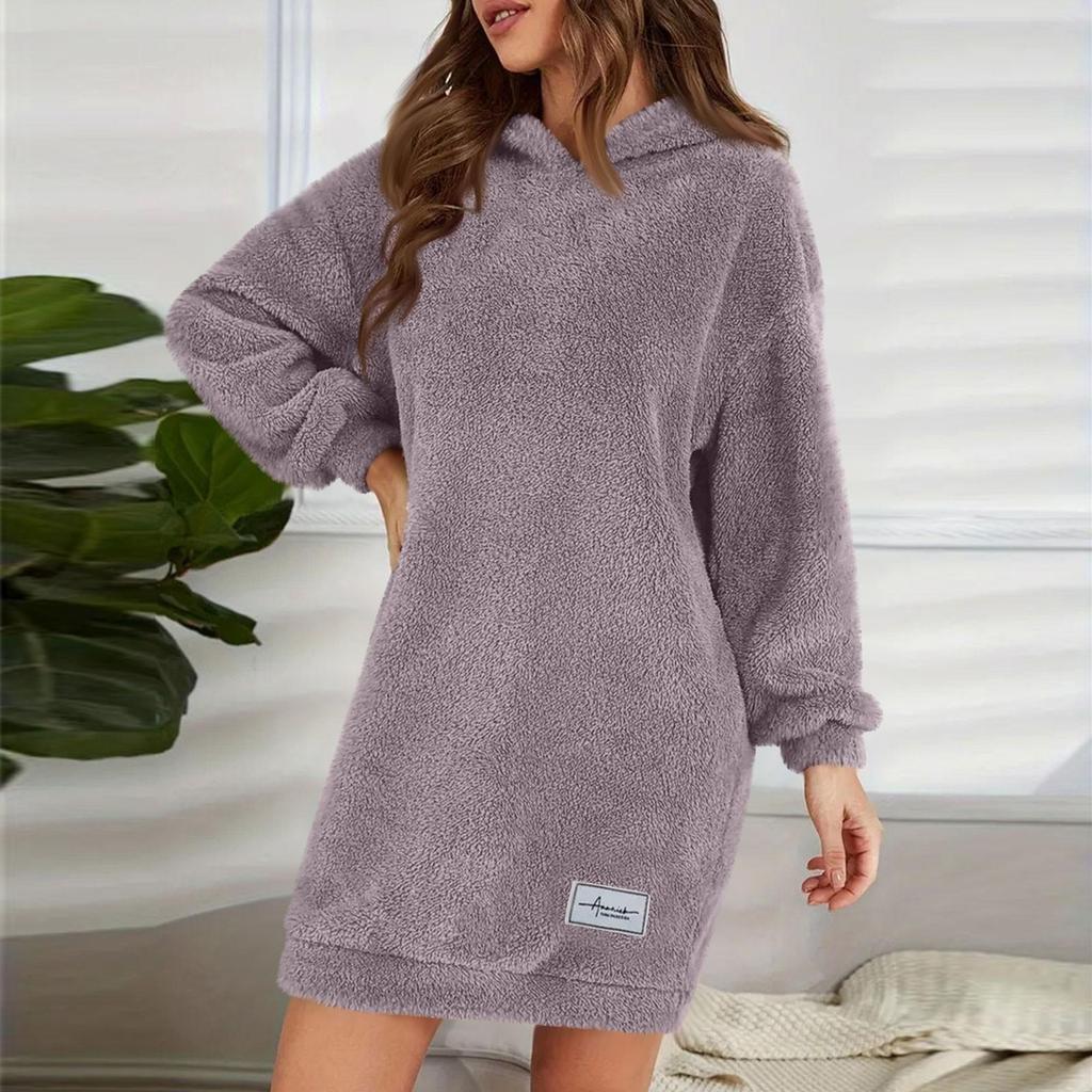 Abito da donna alla moda con cappuccio a maniche lunghe in peluche tinta unita felpa casual