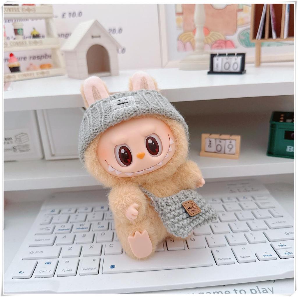 17cm Labubu Doll Clothes Set: Heart Sweater, Hat, Crossbody Bag - First & Second Generation.