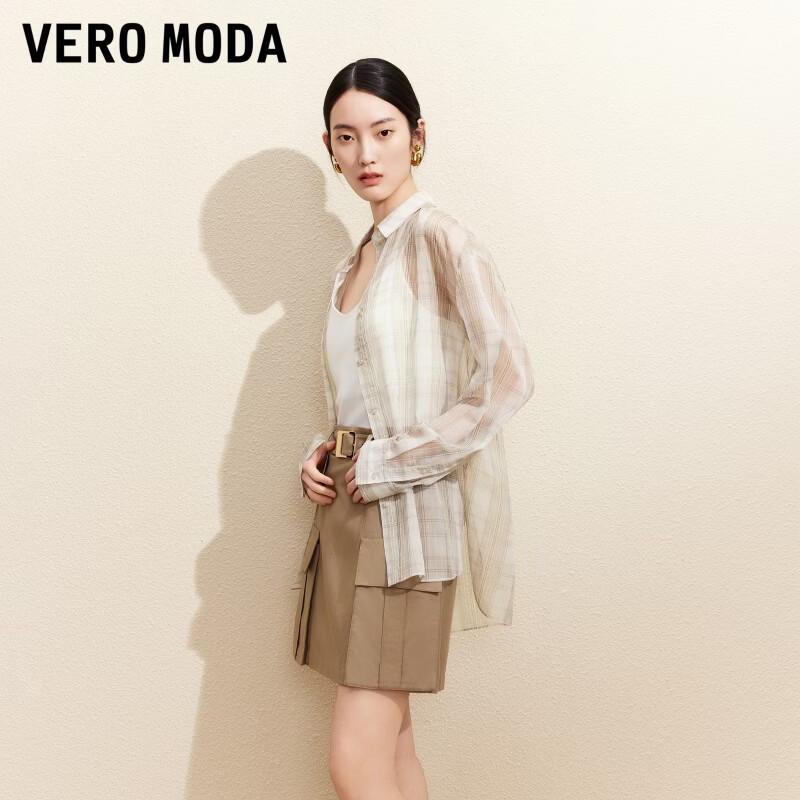 VEROMODA Women s Mesh Plaid Long Sleeve Shirt L