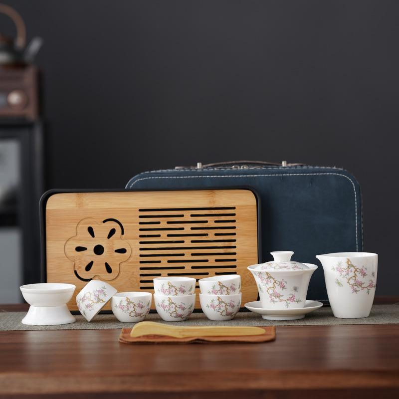 Premium Dehua Weißporzellan Teekanne für die Zubereitung Haushalts Gaiwan Kung Fu Teegeschirr Gäste empfangen Tee zubereiten Einfache Ledertasche Geschenkset