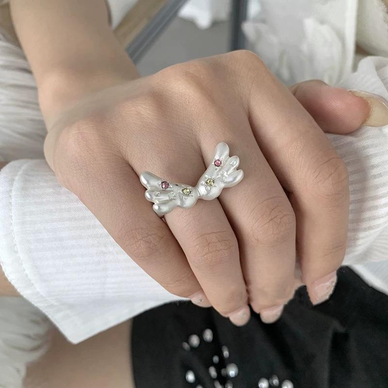 Korean Fashion Cute Shining Crystal Star Wings Open Rings For Women Girl Y2K Gothic Creative Charm Jewelry Accessories