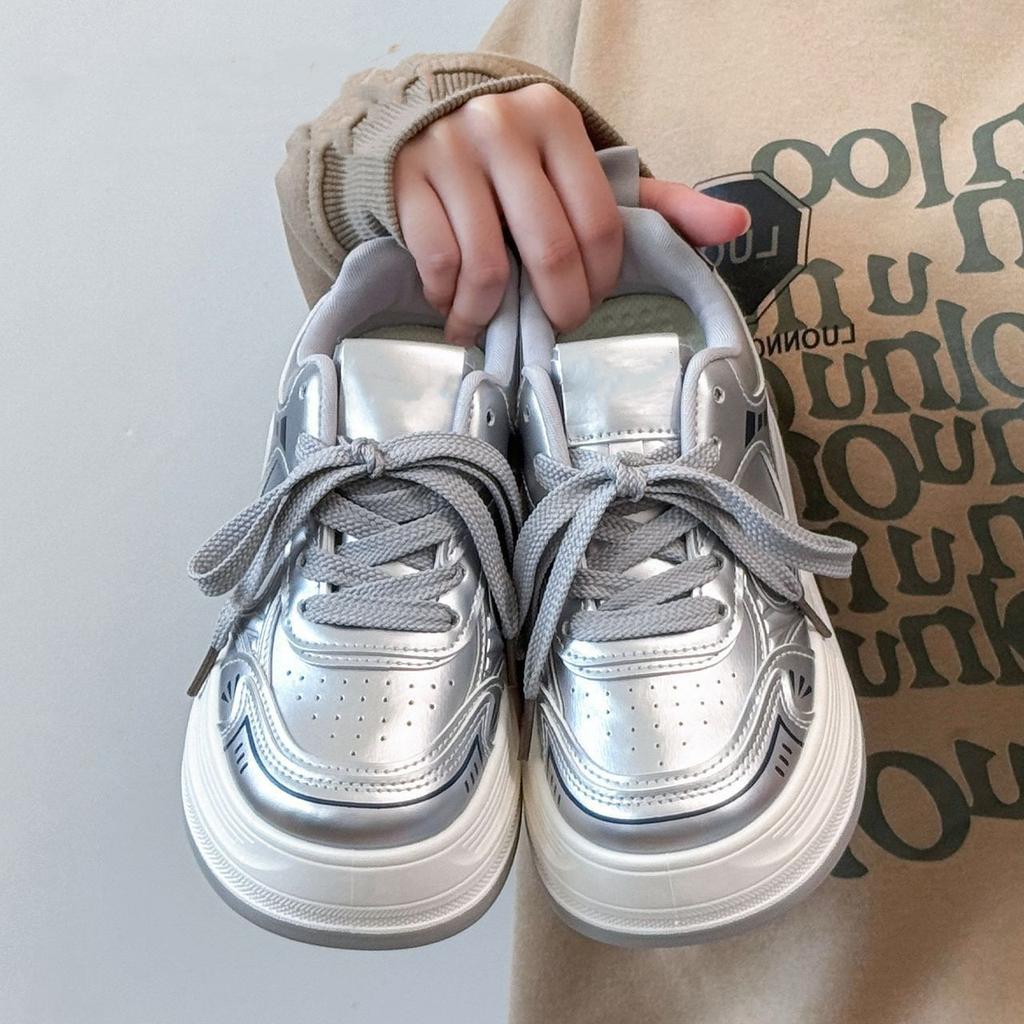 Campus Style 22 Autumn Leather Thick-soled Silver Sweet Muffin Bottom Lightweight Wear-resistant Board Shoes