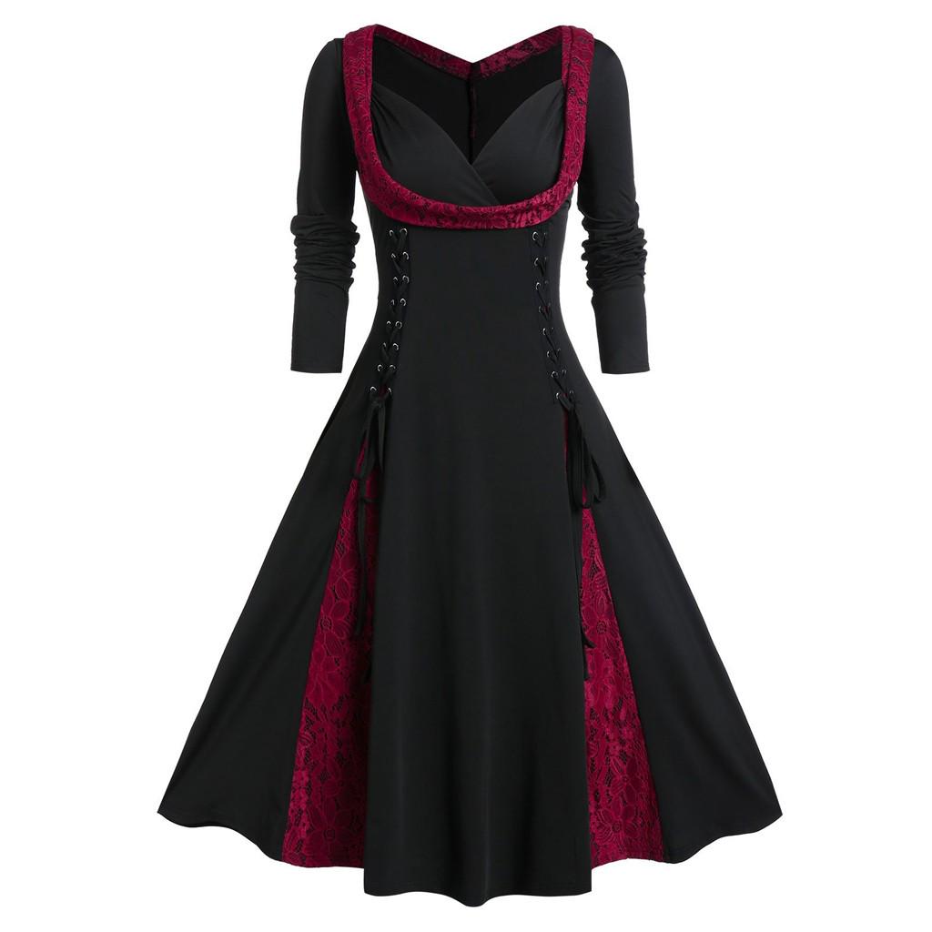 Womne Plus Size Long Sleeve Lace Panel A Line Sweetheart Neck Vintage Dress