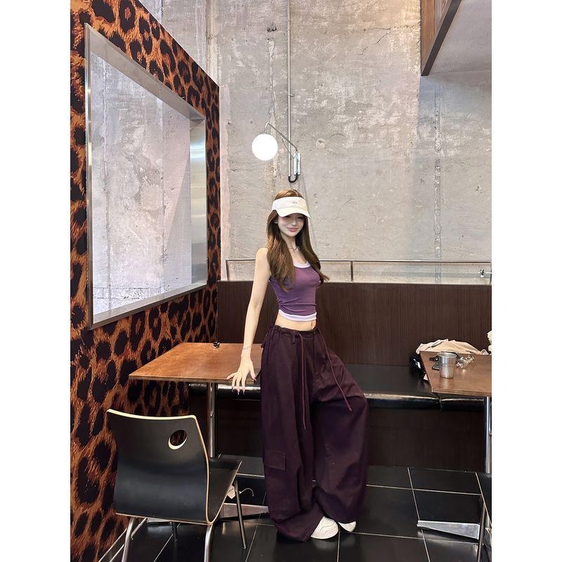 Kumikumi Gyaru Set Contrast Color Fake Two Pieces Cami Women Summer Drawstring High Waist Wide Leg Pants Two-piece Set