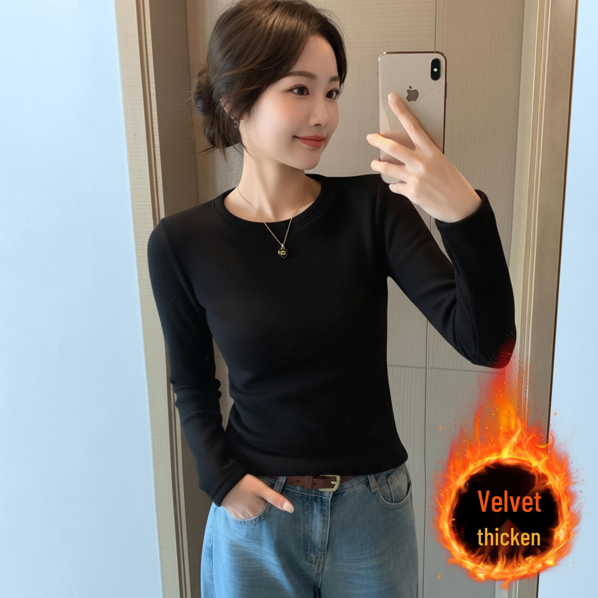 

Women s Slimming Lambswool Velvety Long-Sleeve Round Neck Base Layer Top for Autumn/Winter Warmth L (52.5-57.5 kg)