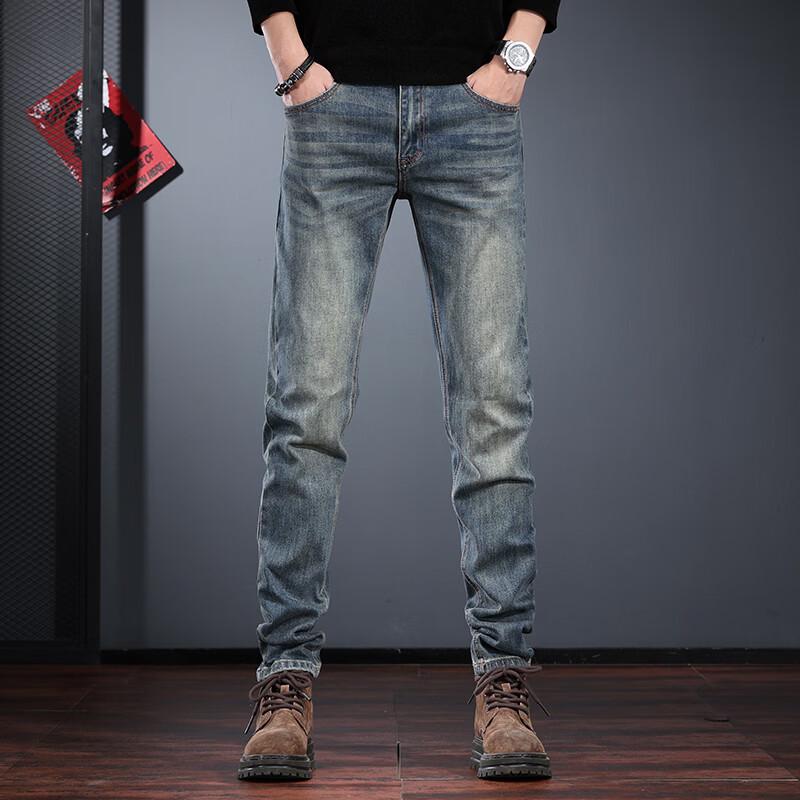 JieLeNuo Men s Retro Washed Slim Fit Tapered Jeans 29