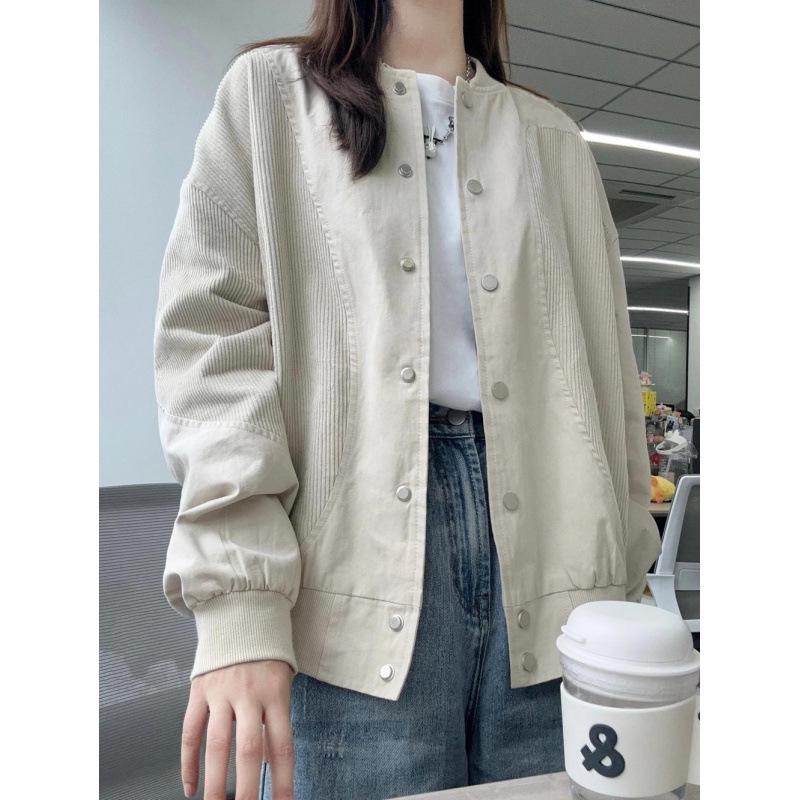 Dámská retro manšestrová patchworková baseballová bunda - Volný ležérní střih na raný podzim a jaro