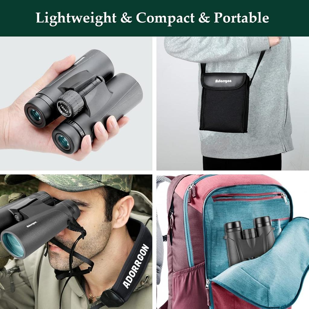 Adorrgon 12x42 HD Binoculars for Adults High Powered with Phone Adapter, Tripod and Tripod Adapter - Large View Binoculars with Clear Low Light