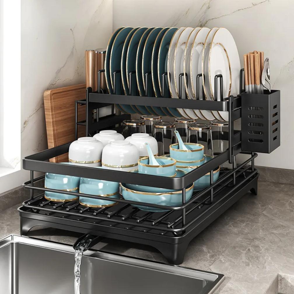 

New 360 ° Rotating Storage Rack, Double Layer Kitchen Tableware Drying Rack with Drain 2-tier