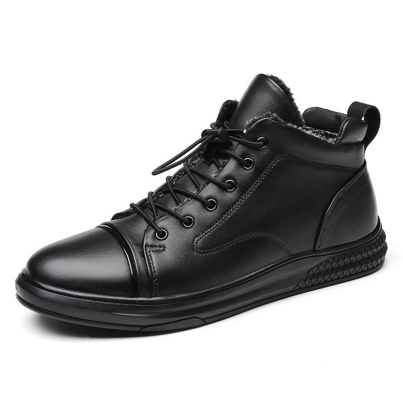 Autumn and winter first-layer cowhide high-top velvet lace-free casual leather shoes men's shoes men's mid-tube board shoes cotton shoes Martin boots