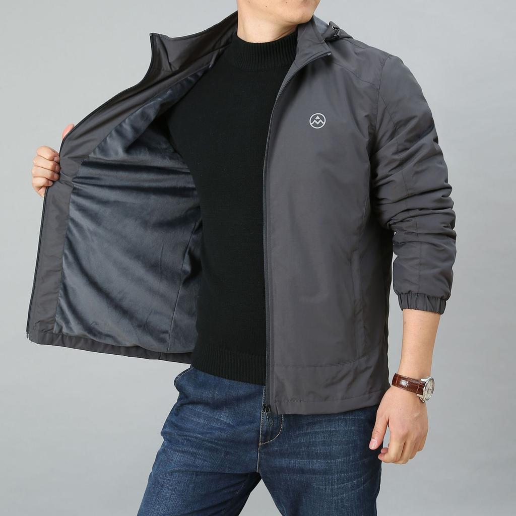 Men's Fleece Jacket Hooded Casual Blue Middle-aged Thermal Jacket