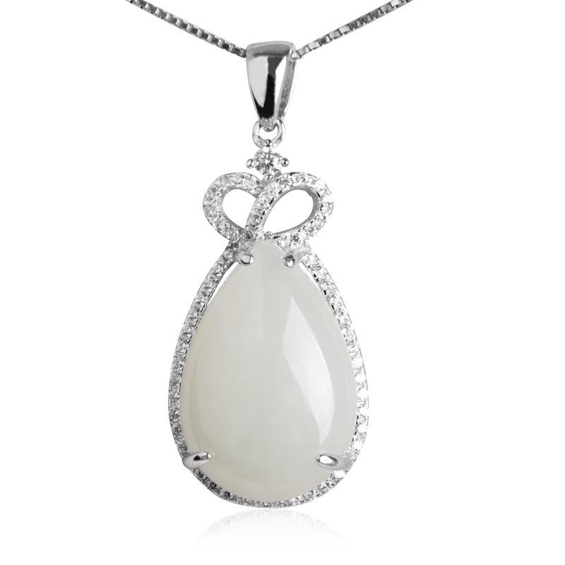 Hetian Jade Teardrop Pendant Necklace, Sterling Silver Crown Inlaid White Jade, Court Style Jewelry Gift for Women