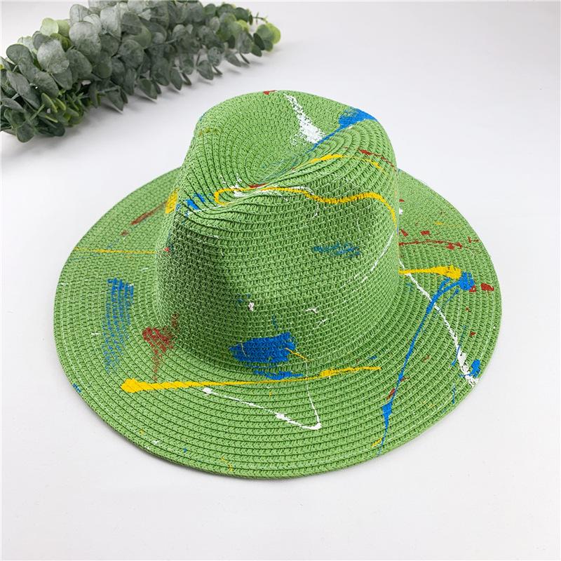 Handmade Graffiti Design Straw Hat Women'S Summer Fresh Grass Weaving Sun Shade And Sunscreen Hat Panama Jazz Sun Hat