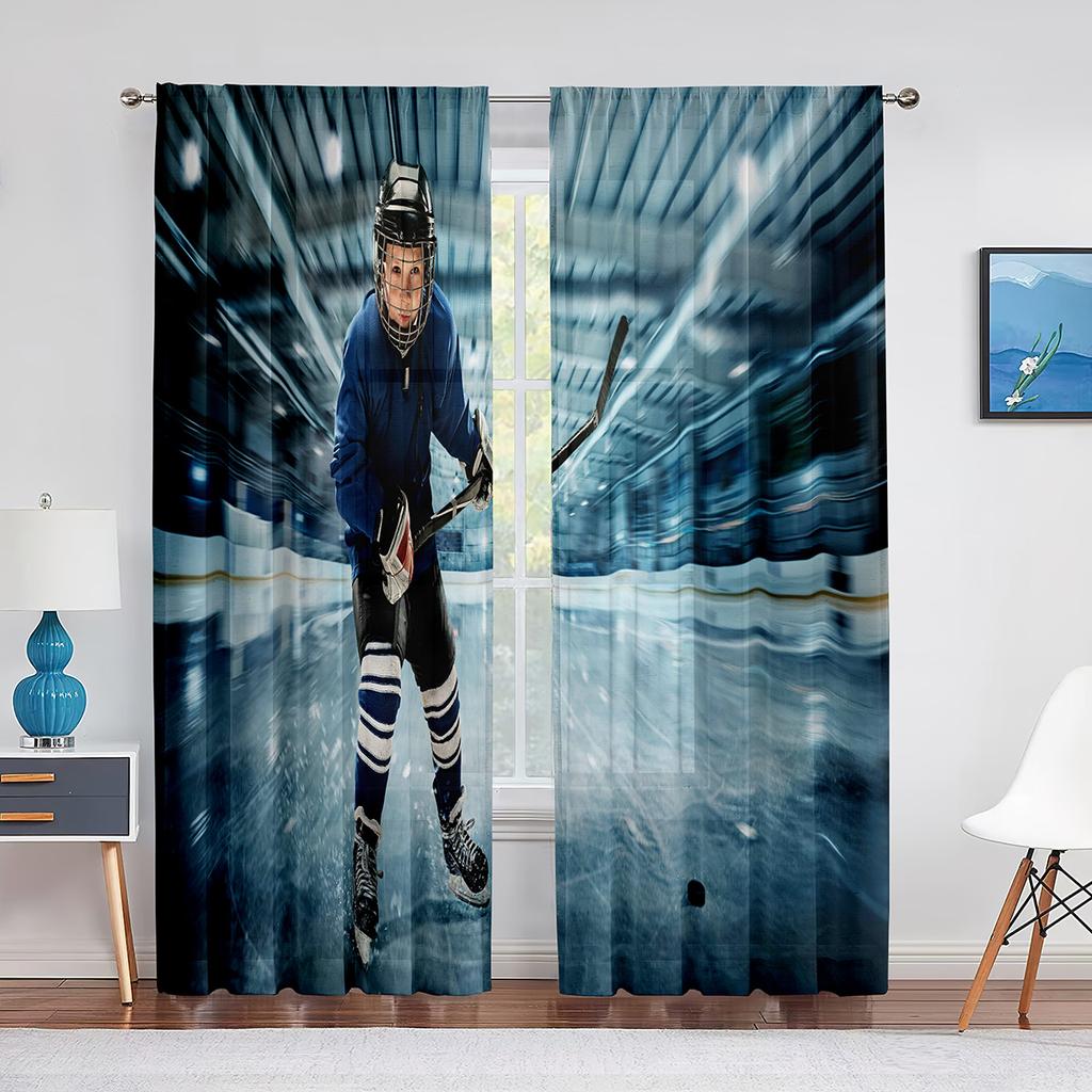 Ice Hockey Sport Player Sheer Voile Curtain Sports Arena Window Chiffon Tulle Curtains for Living Room Bedroom Decoration Drapes