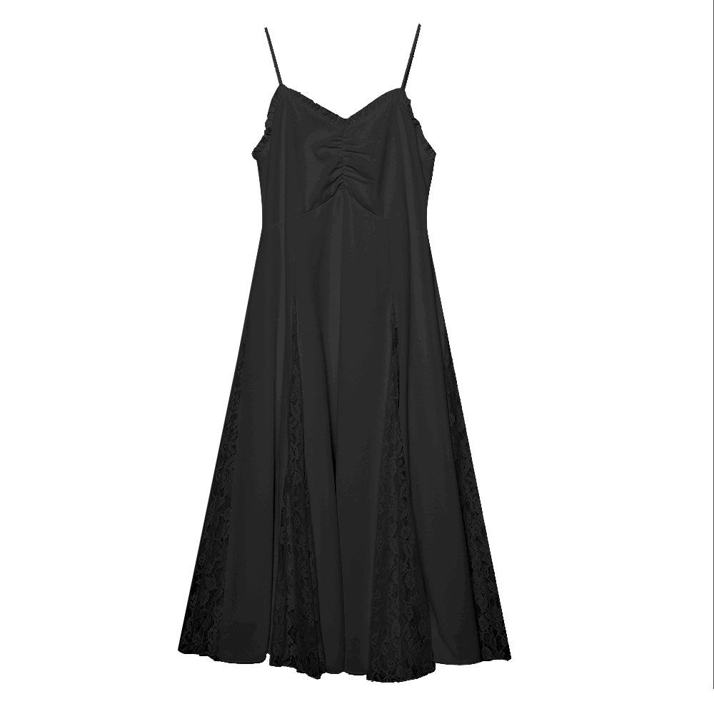 Women's Loose Fit A Line Slip Dress Sleeveless Ruffle Trim Lace Patch Midi Dress