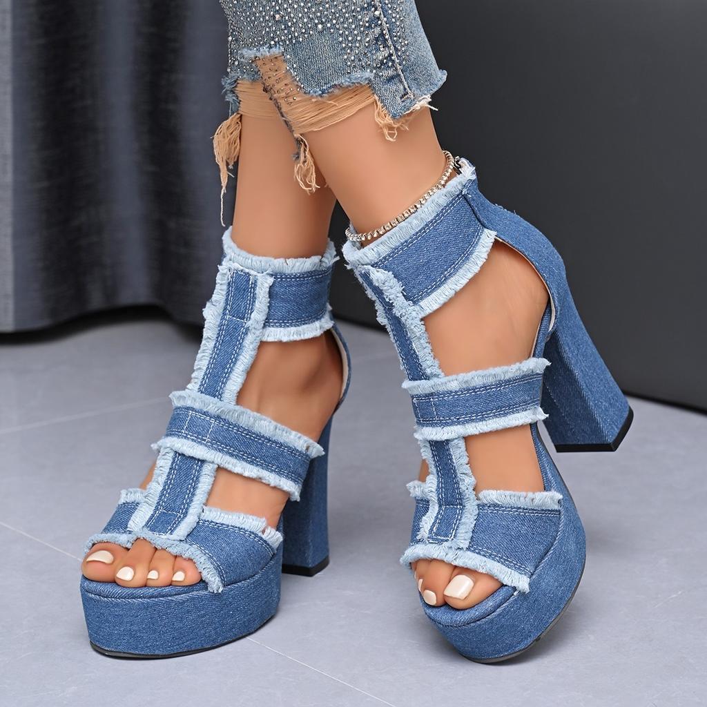 Summer Women Sandals New Platform Blue Denim Ankle Strap High Heels Shoes for Women Fashion Outdoor Sexy Peep Toe Sandals Women