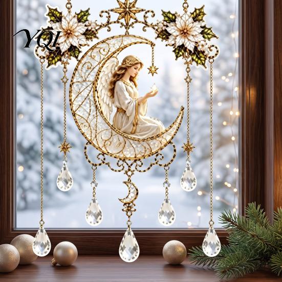 Stained Glass Angel Window Hanging Effect Blessing Suncatcher, Acrylic Prayer Decorative Suncatcher Ornament with Faux Crystal Charm for Home