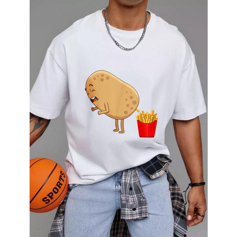 Rundhals T-Shirt Weiß Kartoffel mit Pommes-Frites-Aufdruck Freizeitkleidung für Männer und Frauen Alltagsoutfits Streetwear-Mode Sommerkleidung