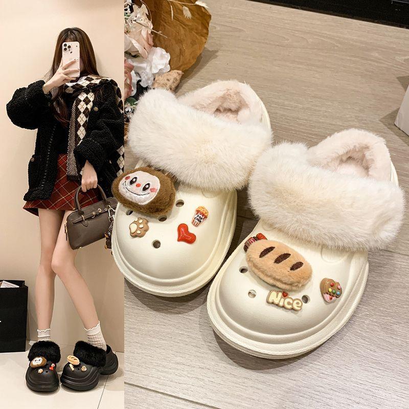 Muffin thick-soled fluffy cotton slippers piled bag head hole shoes women's outer wear 2025 autumn and winter new fashion versatile