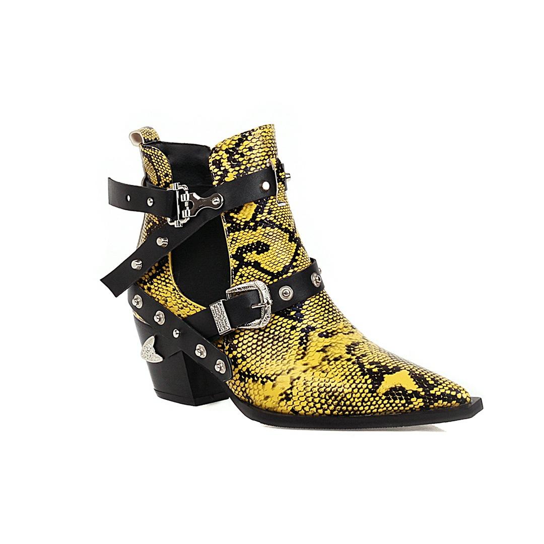 

Мода 40-45 Размер плюс сексуальный змеиный узор стрейч ботфорты на высоком каблуке челси ботильоны с острым носком пряжка ремня ботильоны женские 2025 8.5 жёлтый