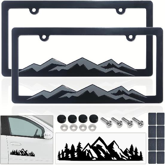 Mountain License Plate Frames- Gray on Black Mountain Raised, Plastic Car Gray