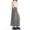 Women's Denim Cargo Skirt with Pocket High Waist Slit Retro Midi Skirt Y2K Clothing Casual Fashion All-match Spring Summer