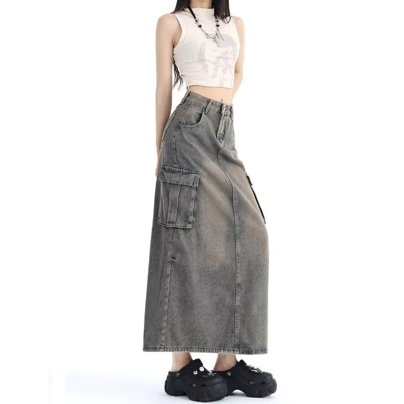 Women's Denim Cargo Skirt with Pocket High Waist Slit Retro Midi Skirt Y2K Clothing Casual Fashion All-match Spring Summer
