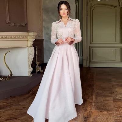 Herbst 2024 Europäisches & Amerikanisches Damen Einfarbig Umlegekragen Netzspitze Society Longkleid