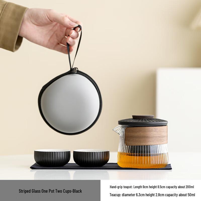 WJ Portable Ceramic Travel Tea Set with Striped Glass Accents 1 Pot, 2 Cups